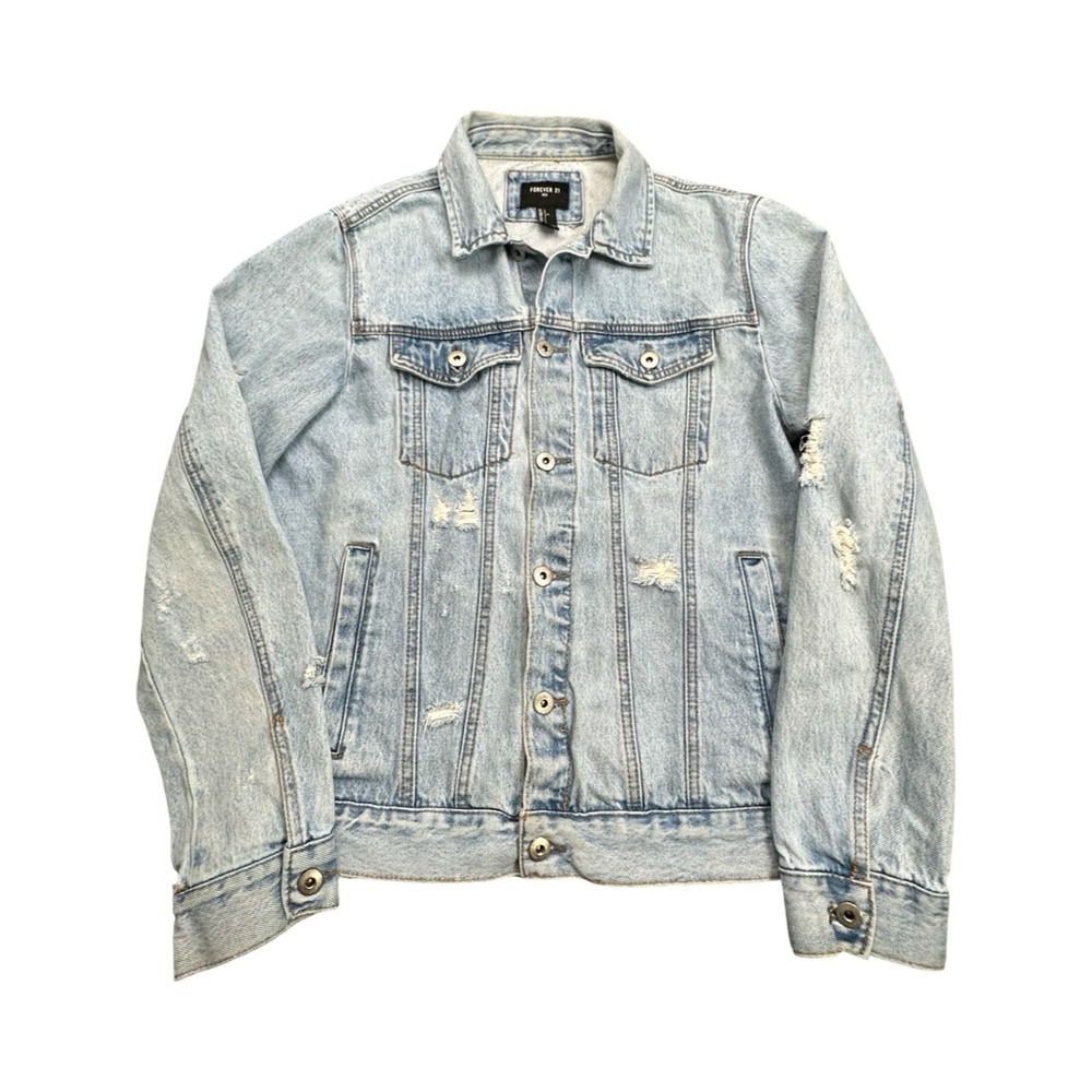 Forever 21 Denim Jacket Mens L Light Wash Distressed Ripped Cotton Trucker‎ Edgy